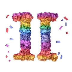 Vibrant colorful crumpled paper art in shape of number eleven with rainbow shades and scattered confetti on a white background