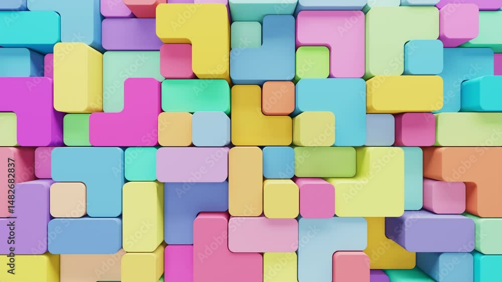 Poster seamless 3d animation of pastel-colored rounded blocks moving in a smooth loop. abstract background 