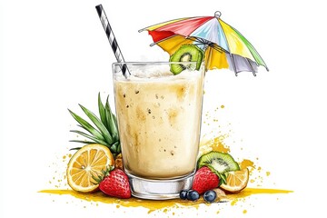 Refreshing Tropical Fruit Smoothie Summer Drink Illustration