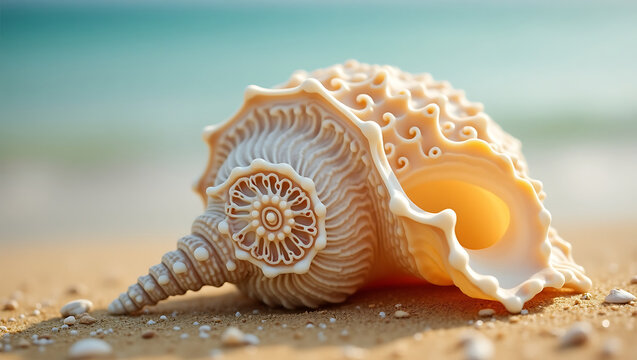 Beautiful close up of ornate seashell resting on sandy beach in bright sunlight