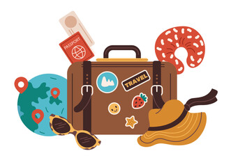 The concept of summer and travel. A composition with a suitcase and accessories for the trip. Vector illustration in flat style, isolated on a white background
