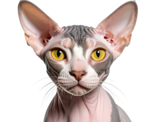 Cute cat face, front view of a Sphynx, a hairless grey and white cat with yellow eyes, looking at the camera. Isolated on a transparent background.