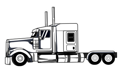 Silhouette Semi Truck line art design isolated. Hand drawing Semi Truck from side view Vector illustration in black