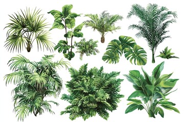 Collection of various tropical plants and trees isolated on a transparent background