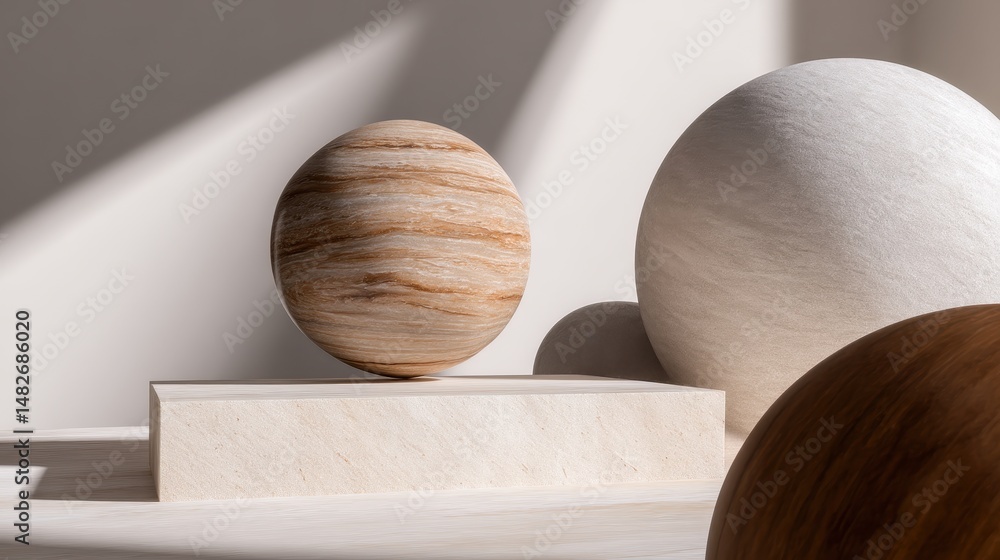 Poster floating spheres in a minimalist setting with natural light highlighting textures