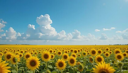 Obraz premium Vibrant field of golden sunflowers stretches to the horizon beneath a bright, cloudy blue sky.