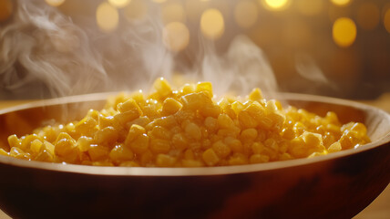 A steaming bowl of buttered corn on the cob close up shot showing texture and golden gloss