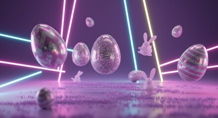 Decorated Easter Eggs with Bunnies and Neon Lights