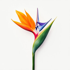 A side view of a single bird of paradise flower with orange, blue, and purple petals on white background
