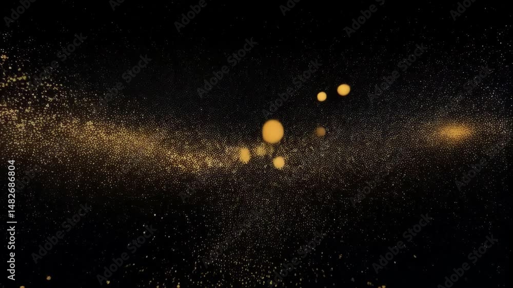 Poster abstract cosmic background with shimmering golden light particles in dark space, galaxy with floatin