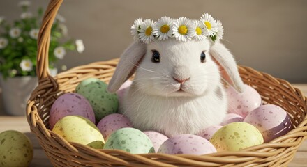 White Bunny in Easter Basket with Eggs and Daisy Wreath