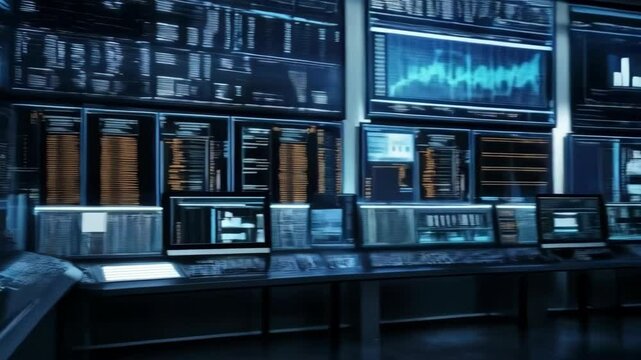 Futuristic control room filled with glowing screens displaying dynamic charts, graphs, and live data monitoring systems for critical operations.