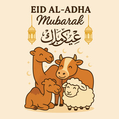 Beautiful Eid al-Adha Mubarak greeting design featuring a cow, a ram, a mosque dome, crescent moon, star, and a hanging lantern. Perfect for Islamic festival celebrations, Qurbani events, and Eid gree