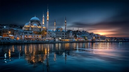 Obraz premium Panoramic View of Istanbul Skyline with Minarets and Dynamic Harbor Scene