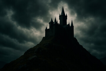 Obraz premium Gloomy gothic castle on hilltop under stormy sky