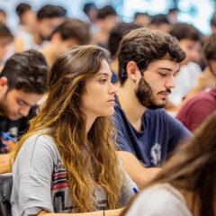Obraz premium A young woman with long, flowing hair sits attentively in a lecture hall full of students.