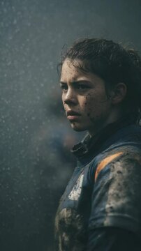 Determined young woman with dirt on her face wearing a dirty uniform looks off into the distance on a foggy day.