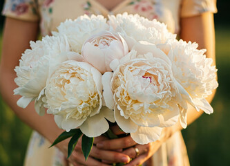 A woman in a floral dress holding a beautiful bouquet of white peonies in soft natural light