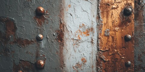 Rusted industrial metal surface with bolts, peeling paint, and texture

