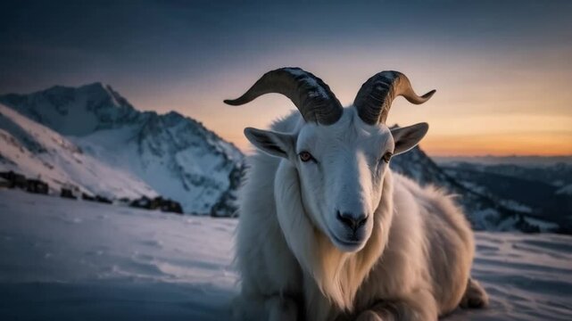A snow goat rests on a snowy area during sunset