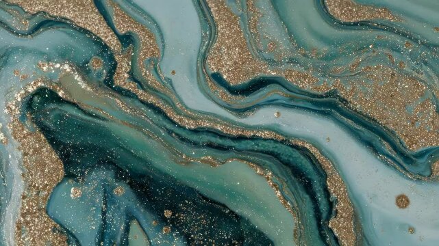 Abstract turquoise and gold fluid art painting with swirling textures and glitter accents creating a luxurious decorative pattern