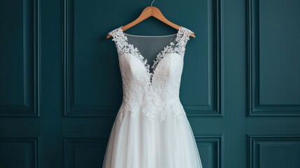 Elegant white lace wedding dress hanging on a wooden hanger against a dark green paneled wall.