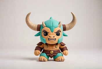 Featuring Minimalist chibi minotaur warrior character design, full body, isolated on white background.