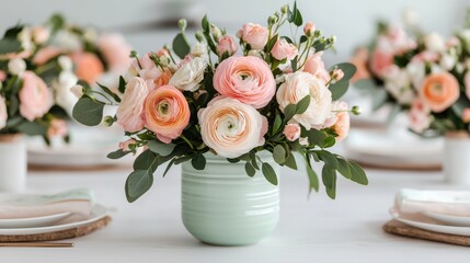A pastel flower arrangement in a mint vase sits on a set dining table, creating an elegant and fresh centerpiece.