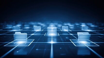 Abstract network grid with files and folders, futuristic software interface, digital document management system, store, search and organize documents, corporate business, paperless office. banner,