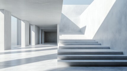 Obraz premium Modern Minimalist Architecture: A Serene Staircase in a Sunlit White Hallway