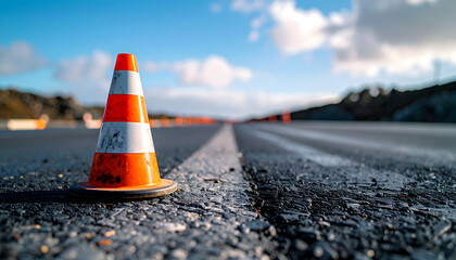 Orange and white traffic cone on an asphalt road under a blue sky.