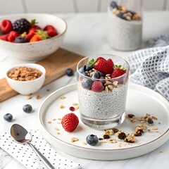 Delicious Chia Seed Pudding topped with fresh Raspberries Strawberries and Blueberries a healthy breakfast parfait recipe