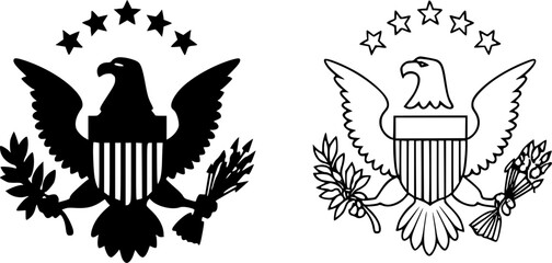 Two variations of the US Great Seal, one black and one white.