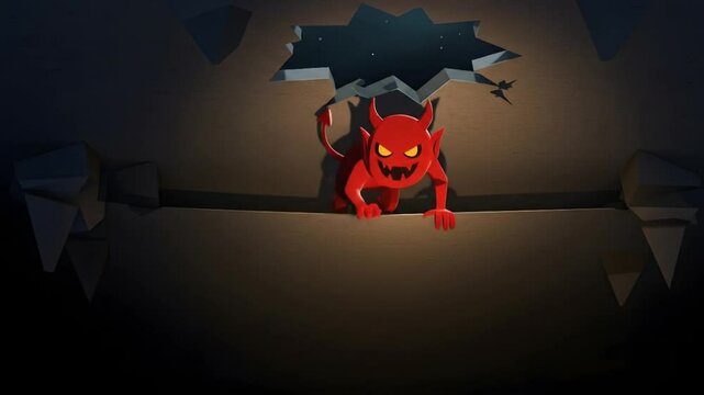 Devilish Intruder: Cartoon Demon Breaking Through Wall