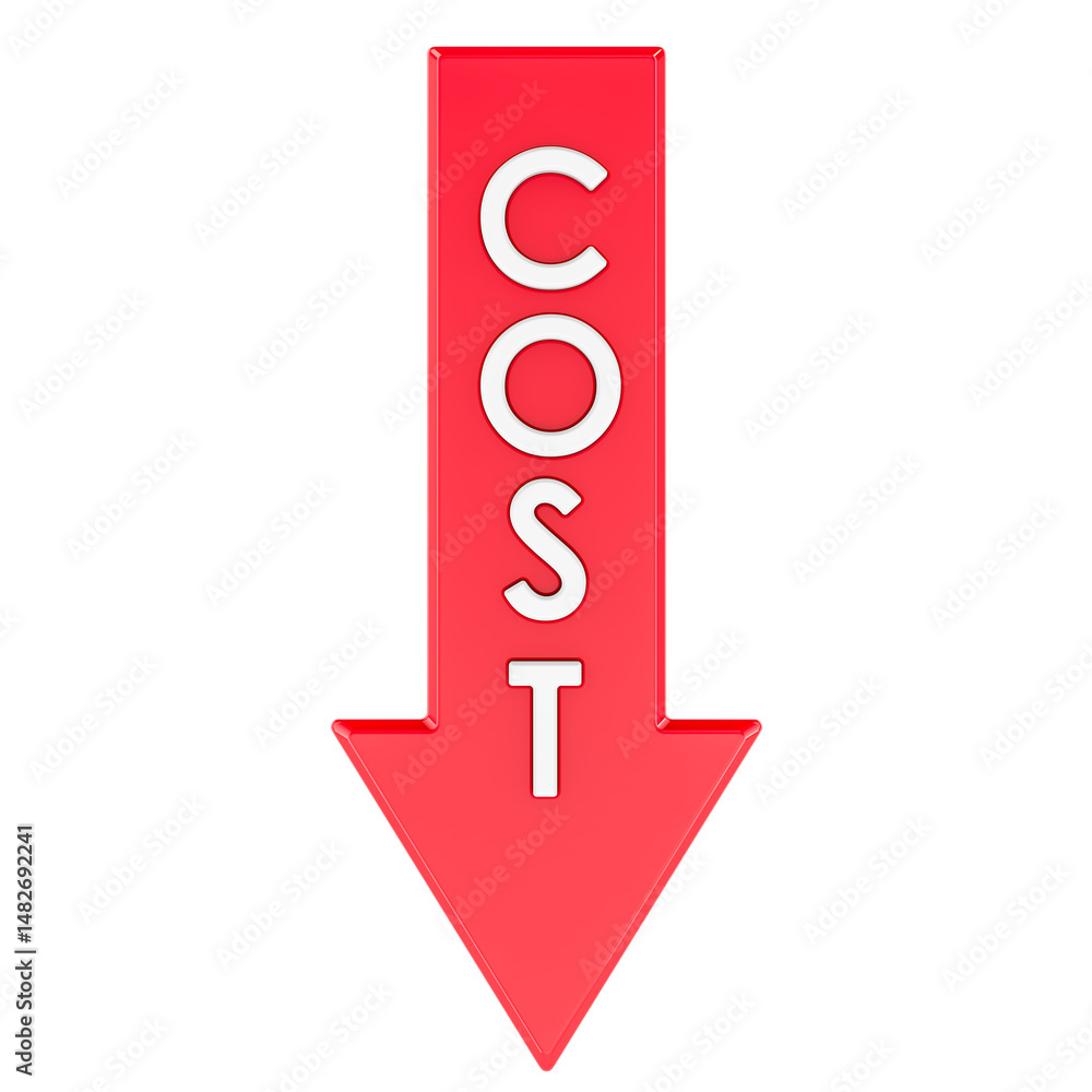 Poster cost, red arrow down. price reduction, concept. 3d rendering isolated on transparent background