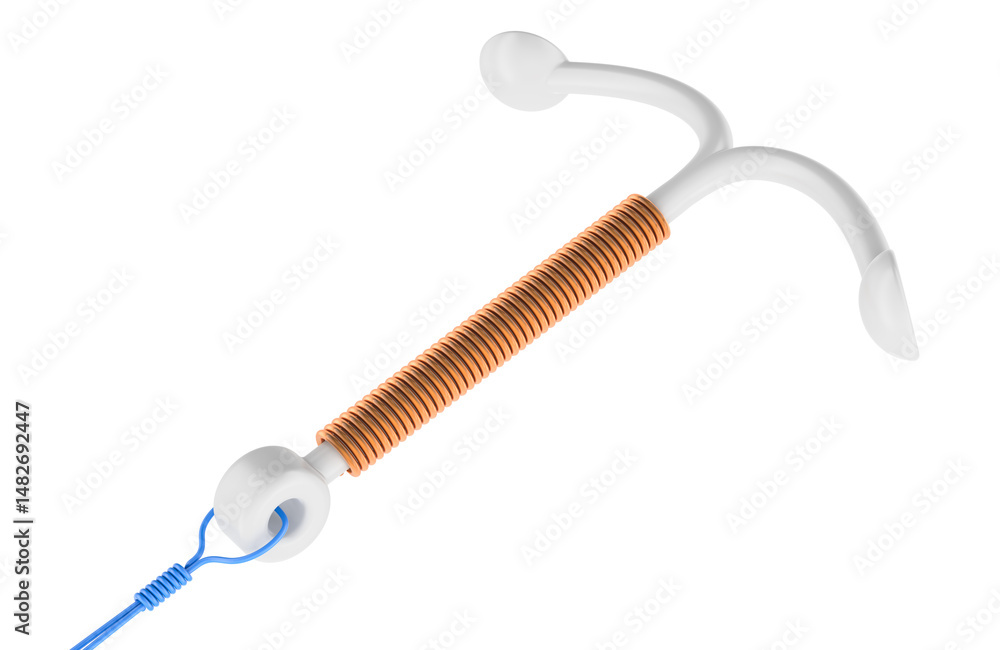 Poster intrauterine contraceptive device. non-hormonal copper t-shaped iud with removal string. 3d renderin