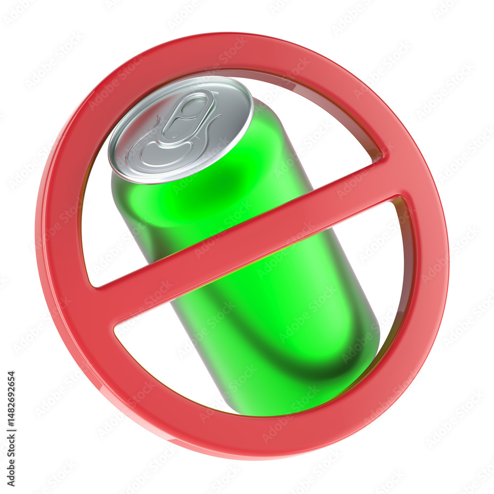 Aufkleber prohibition symbol with metallic drink can. 3d rendering isolated on transparent background