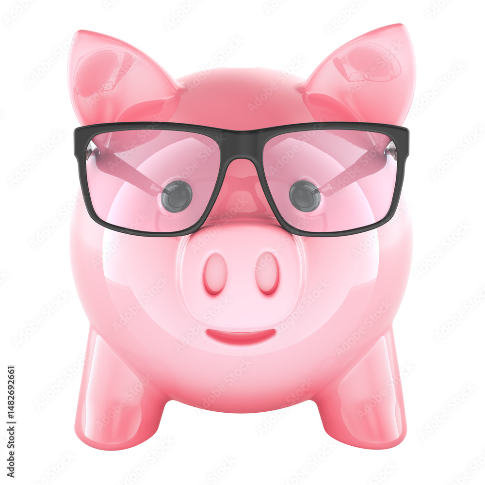 Poster piggy bank in glasses, front view. 3d rendering isolated on transparent background