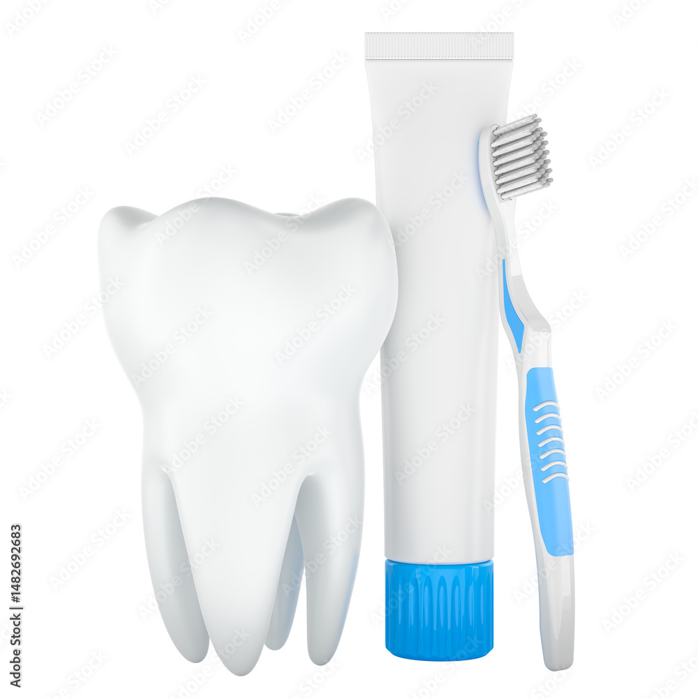 Poster tooth with toothpaste tube and toothbrush. 3d rendering isolated on transparent background