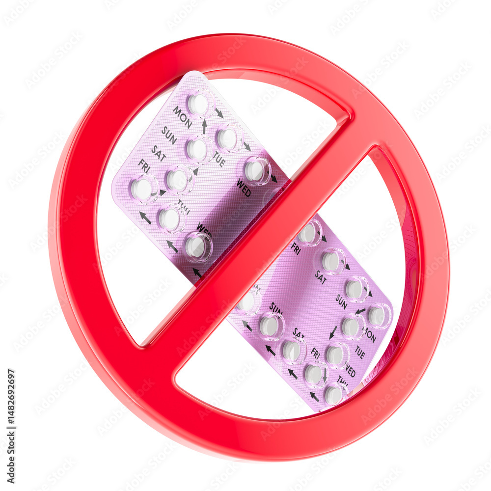 Poster prohibition symbol with birth control pills. 3d rendering isolated on transparent background