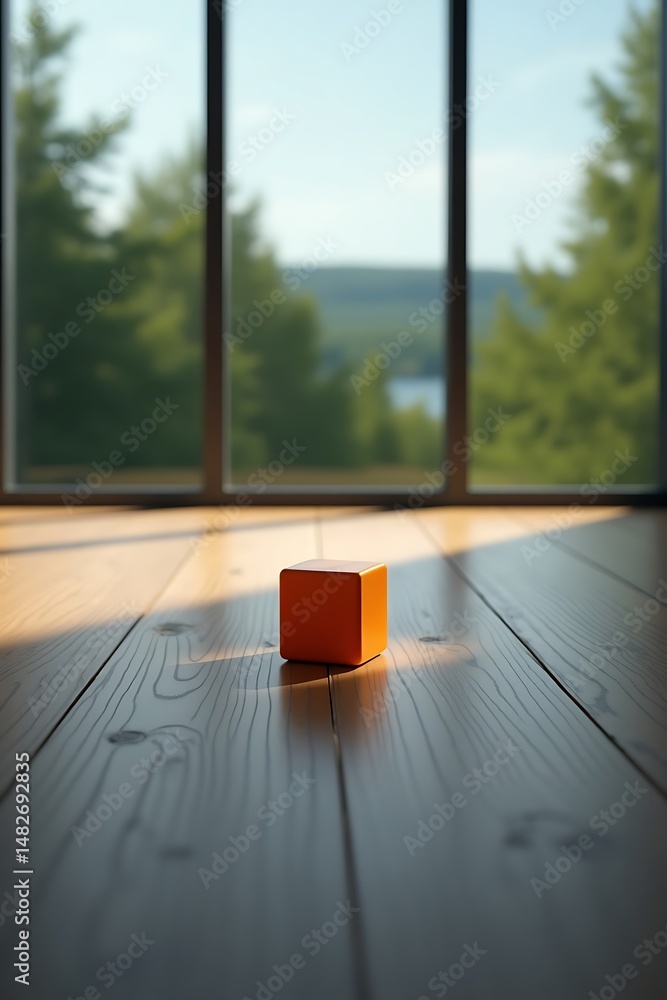 Poster orange cube on wooden floor with natural light streaming through a large window showing trees.