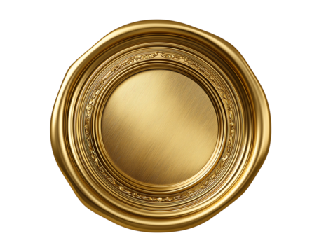 3D realistic gold wax seal, straight top view on a transparent background
