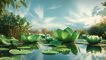 Beautiful tranquil pond with lush green lily pads and floating water lilies under a cloudy sky