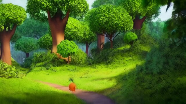 Animated carrot character walking on dirt path through bright green lush forest towards unknown adventure or journey in fantastical nature landscape.