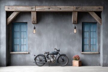Vintage motorcycle parked by weathered gray wall with wooden beams and teal windows