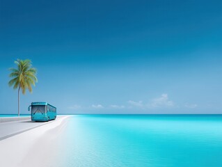 Turquoise bus on a pristine beach road under a clear sky