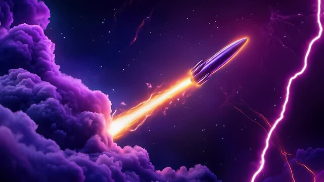 Pixel Art Rocket Launch Through Purple Clouds