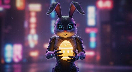 Cyborg Bunny Holds Glowing Easter Egg