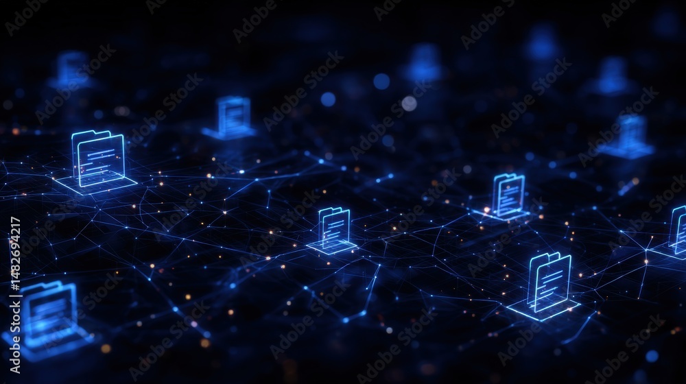Poster abstract network grid with files and folders, futuristic software interface, digital document manage