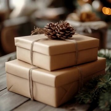 Rustic Wrapped Gifts with Pine Cone Decoration